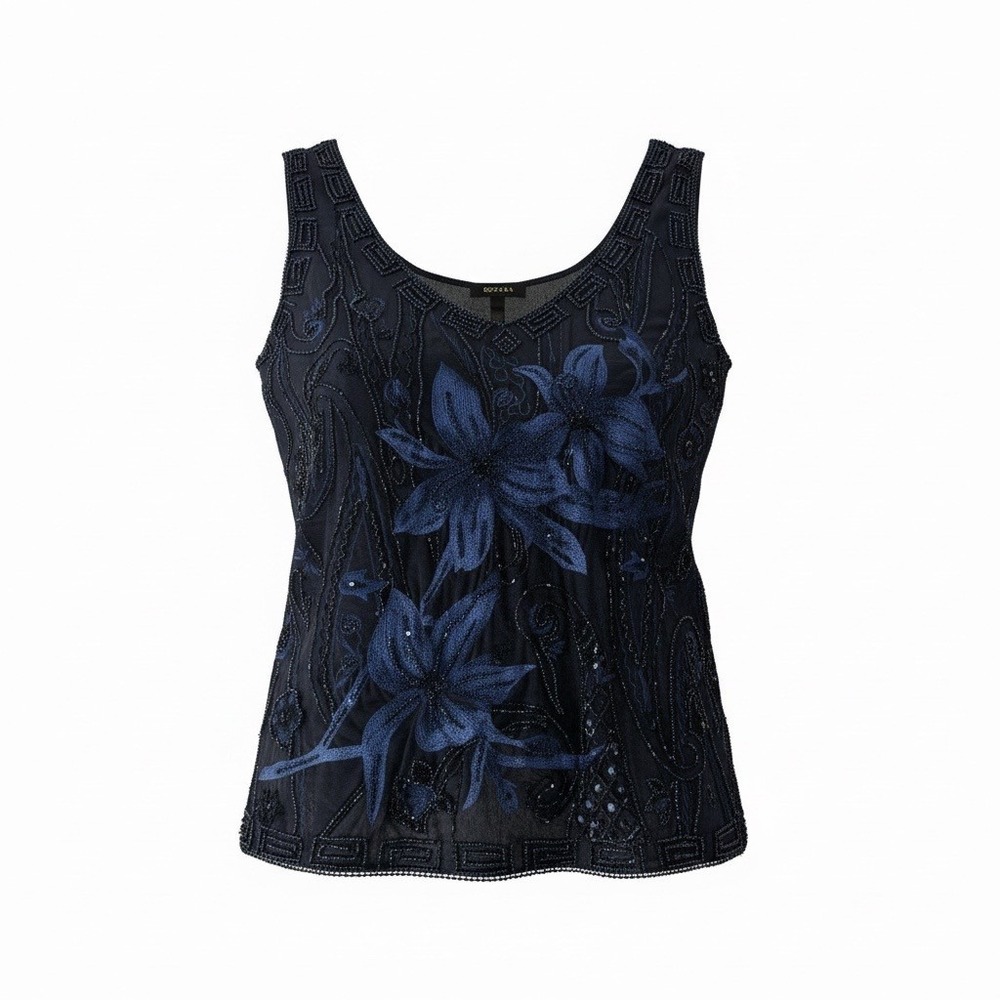 Escada Navy Blue Beaded Floral Mesh Sleeveless Top V-Neck Evening Blouse 38